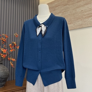 时尚气质妈妈装针织开衫上衣翻领长袖纽扣中老年女丝巾领洋气毛衣