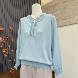 时尚洋气新款纱袖针织圆领春秋季T恤小衫中老年女士夏装显瘦上衣