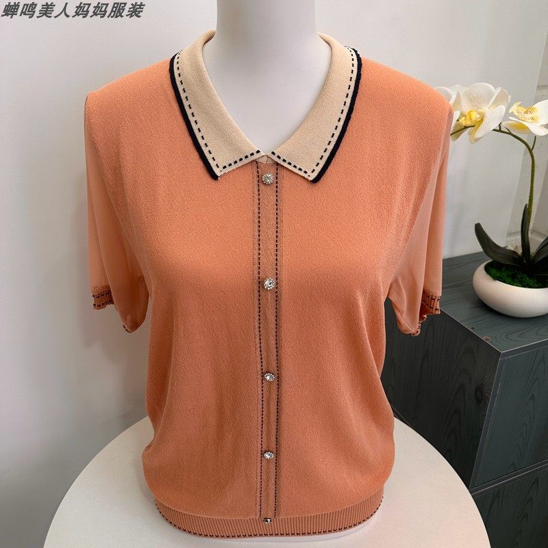 妈妈新款中年针织洋气薄款短袖上衣中老年女士宽松套头V领T恤小衫