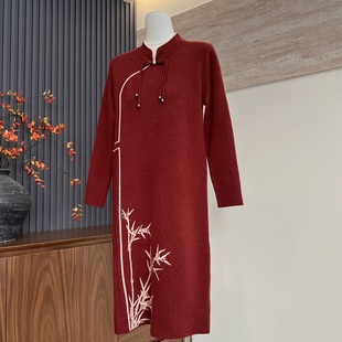 中式新款妈妈装旗袍领新款秋冬季长款裙子中老年女保暖连衣裙毛衣