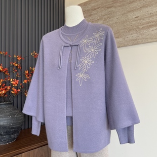 新中式秋冬新款妈妈装针织衫上衣内搭外套真两件中老年女毛衣套装