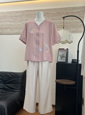 新款妈妈装夏季绣花短袖开衫套装