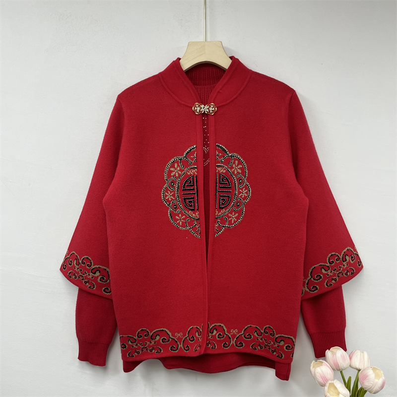 新款冬季加绒加厚中老年女装毛衣两件套气质针织国风春秋妈妈套装