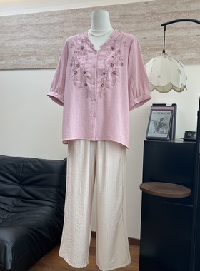 妈妈装夏季短袖绣花开衫T恤套装