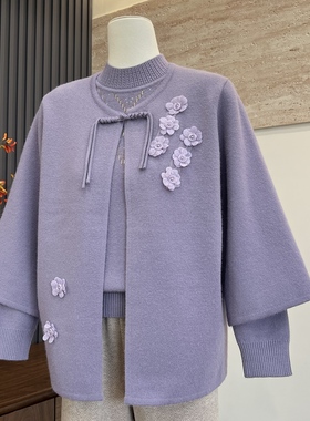 新中式妈妈装秋冬季针织上衣内搭外套真两件中老年女气质毛衣套装