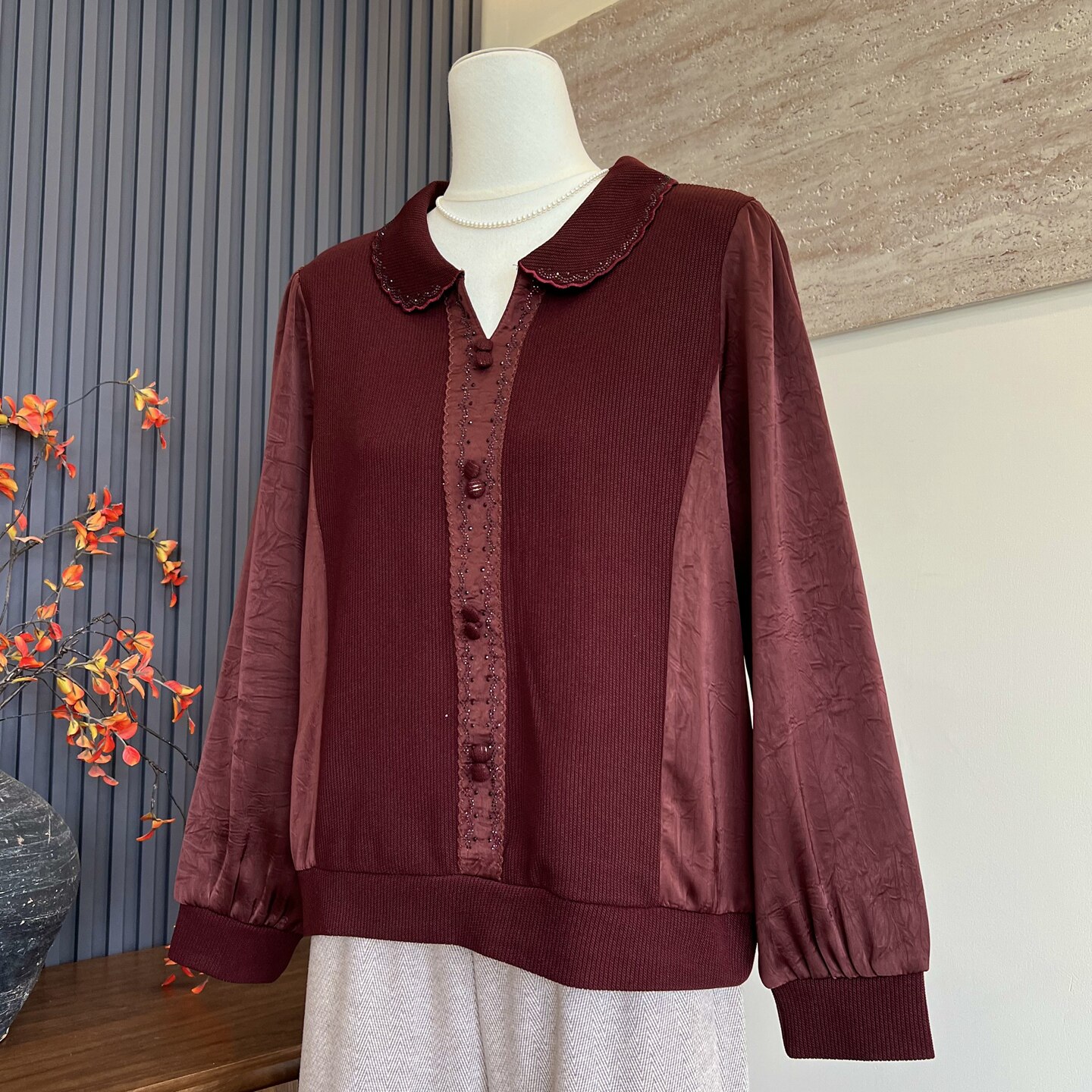 时尚气质新款妈妈装春季纱袖T恤小衫中老年女士翻领显瘦百搭上衣