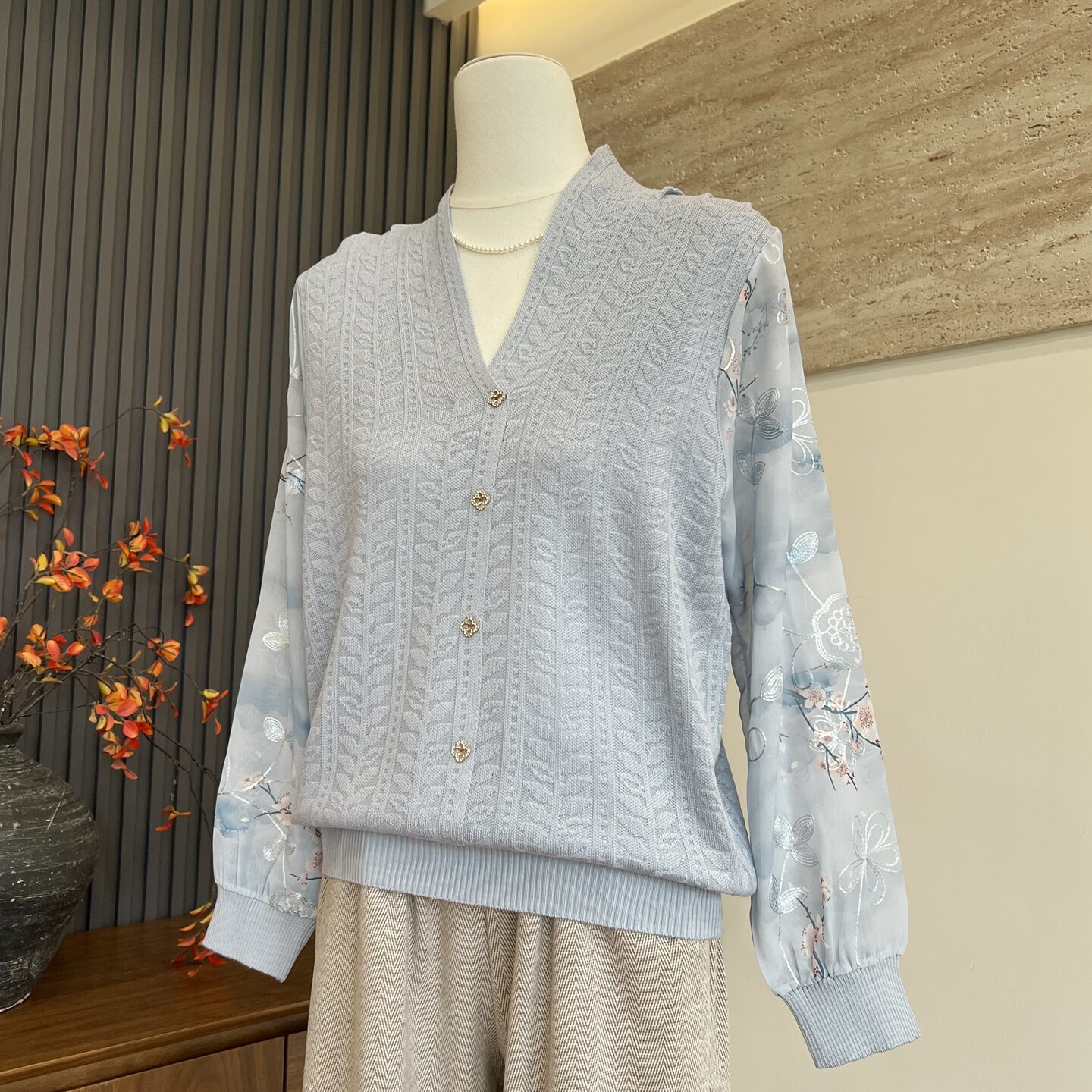 妈妈装春季针织纱袖宽松上衣