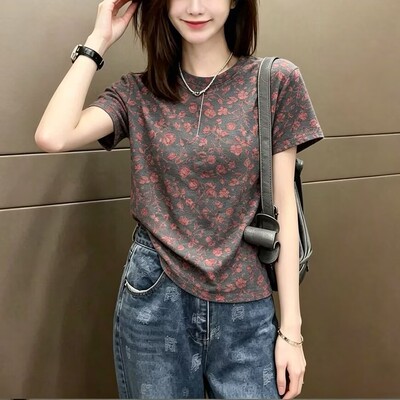 夏季韩系复古碎花宽松显瘦T恤女