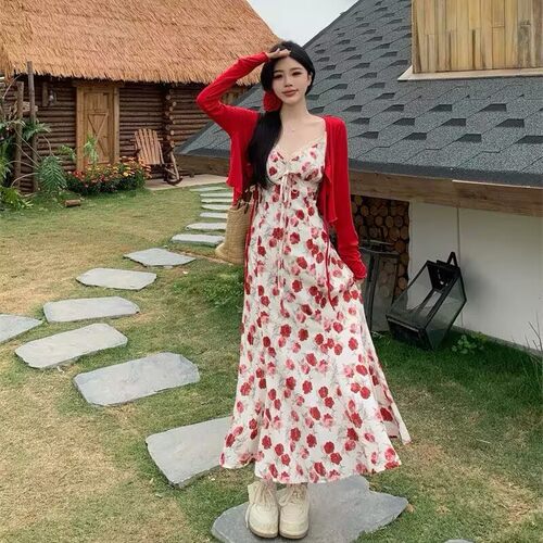 法式度假风玫瑰花吊带连衣裙女