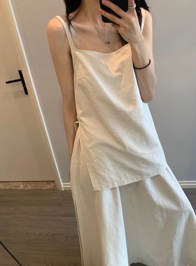 新版韩国小众 MOIA 简约高级感亚麻棉背心/半身裙套装