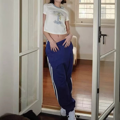 韩国小众新款 百搭休闲运动风侧条纹卫裤拖地直筒裤