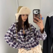 韩国小众新款 麂皮护耳系带保暖毛绒雷锋帽飞行帽