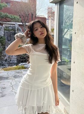 雪纺网纱微透短袖连衣裙韩系纯欲风小个子短款收腰荷叶边短裙