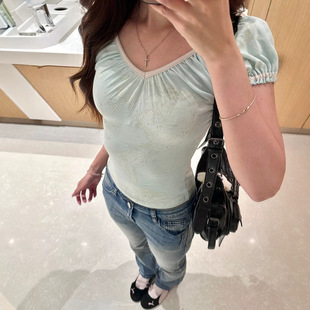 叶舒华同款BM莫代尔薄荷绿烫钻印花T恤夏季女露背短袖上衣