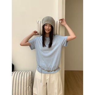 韩系简约春夏新款 T恤女明线设计感宽松套头上衣 圆领正肩短袖