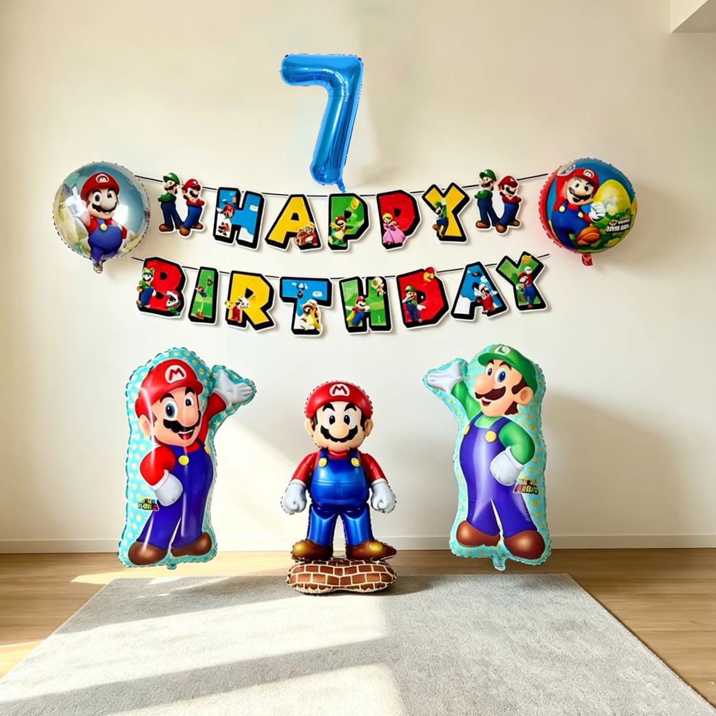 儿童生日布置超级玛丽马里奥游戏主题气球场景布置蓝色字母数字球