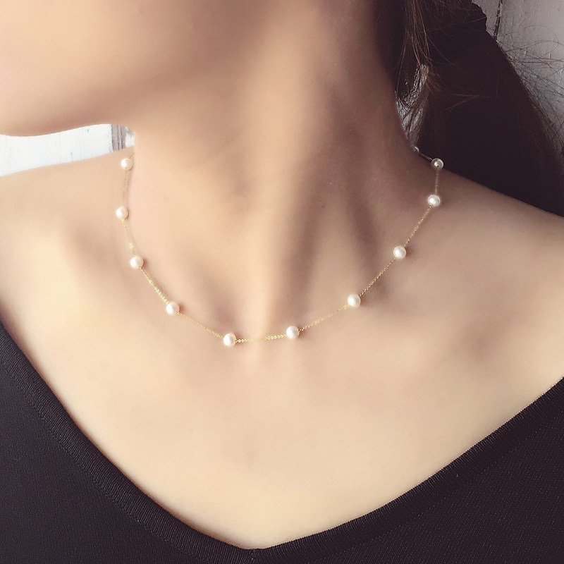 满天星项链18k黄金珍珠金色玫瑰金女正品天然淡水迷你au750锁骨链