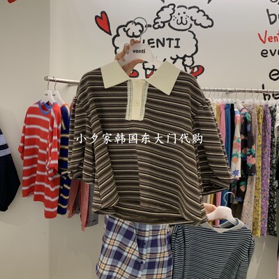 一件包邮 小夕韩国东大门代购 VENTI26夏女装条纹百搭POLO衫T恤
