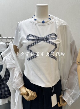 一件包邮 小夕韩国东大门代购ASCEND 26夏女装蝴蝶结纯色短袖T恤