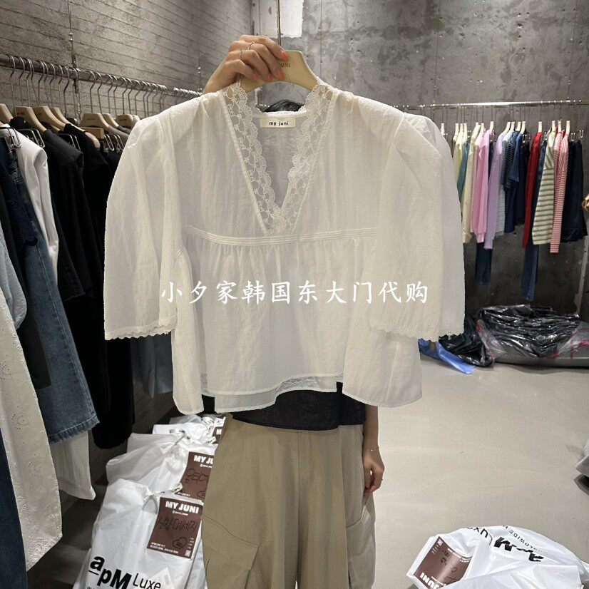一件包邮 小夕韩国东大门代购JUNI 26夏女装新品V领泡泡袖衬衫T恤