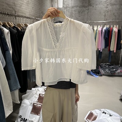 一件包邮 小夕韩国东大门代购JUNI 26夏女装新品V领泡泡袖衬衫T恤