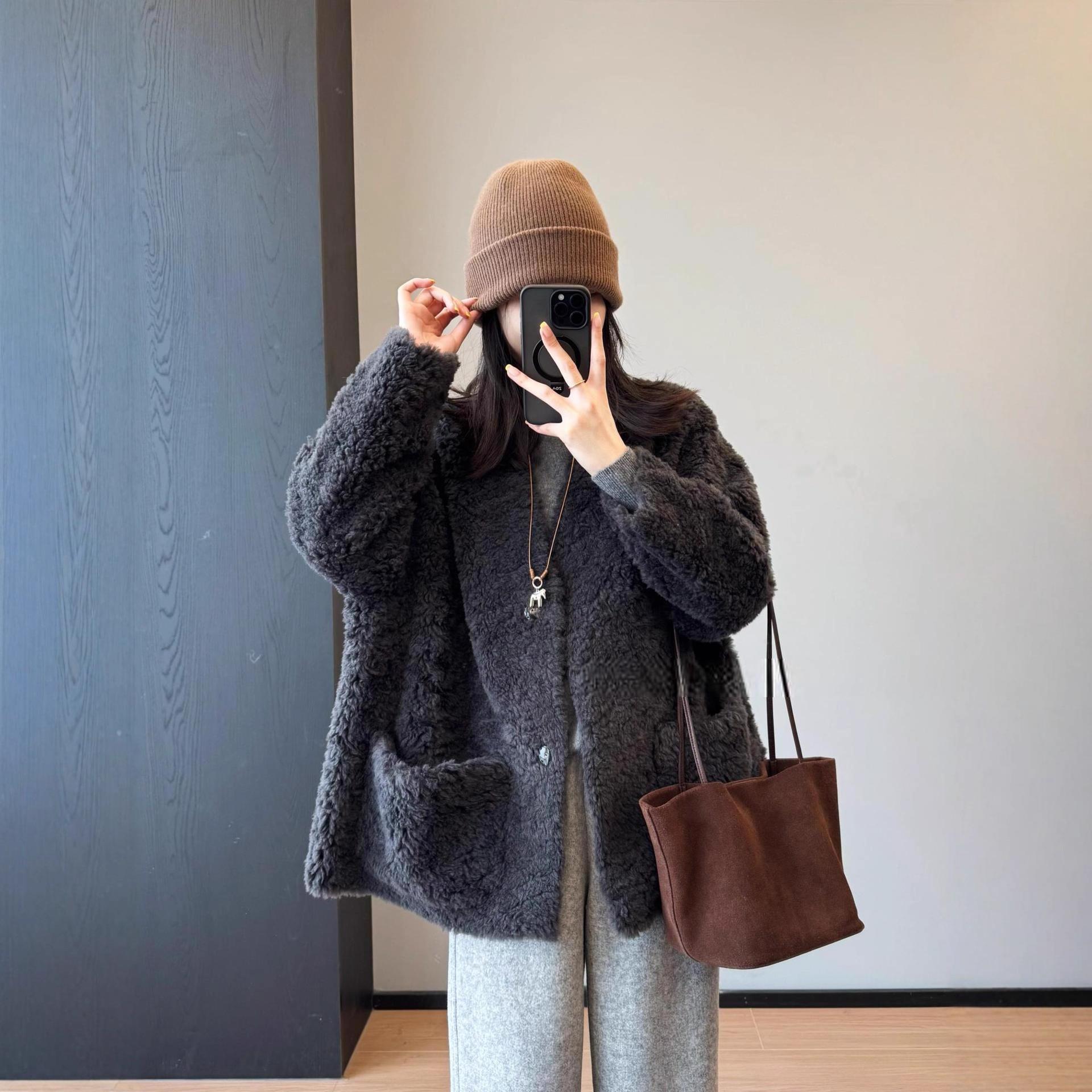 千金气质~名媛保暖宽松篙阶皮毛100%羊毛V领皮草大衣25冬G110816