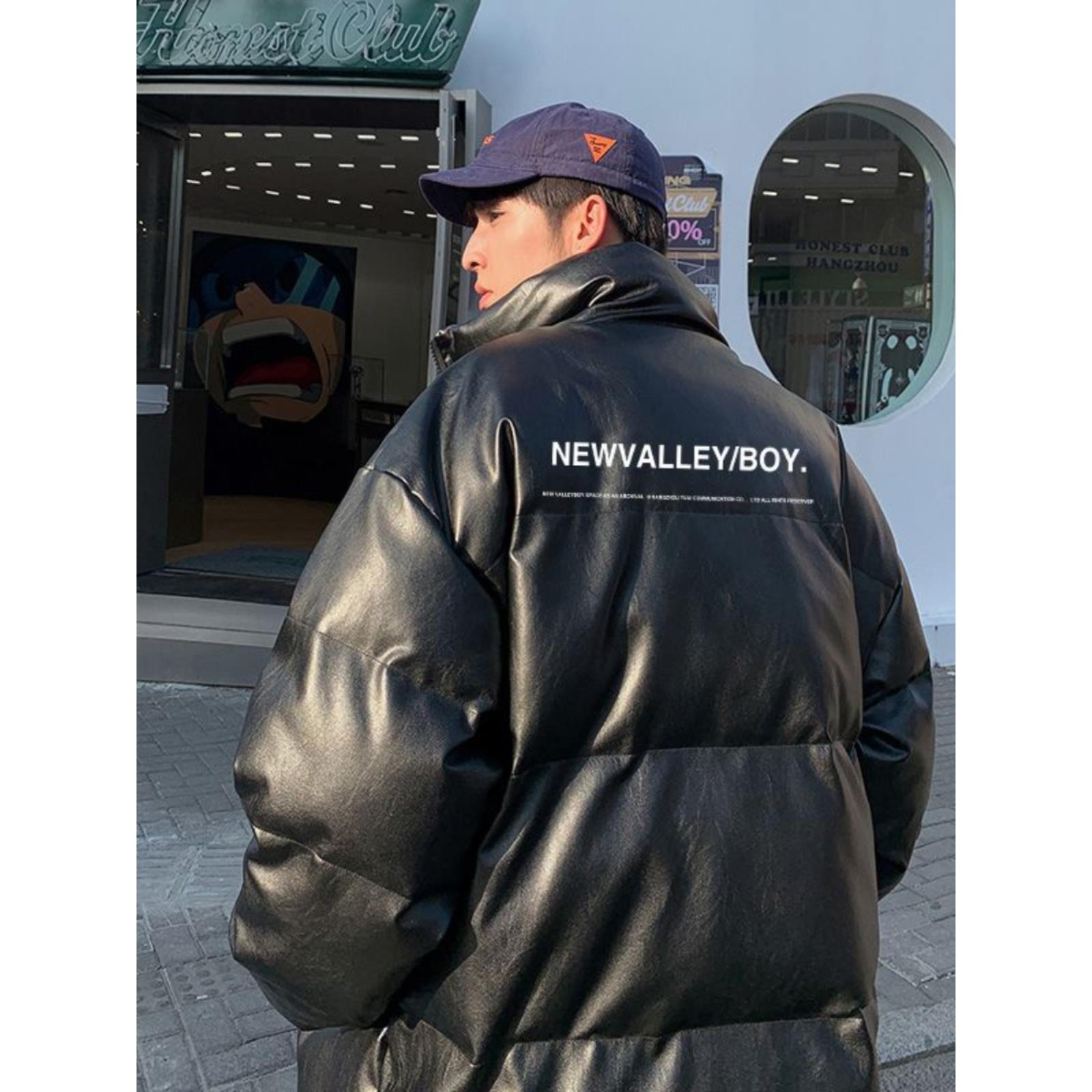 冬季PU皮羽绒服男款加厚保暖休闲宽松青少年潮牌皮面免洗棉服外套