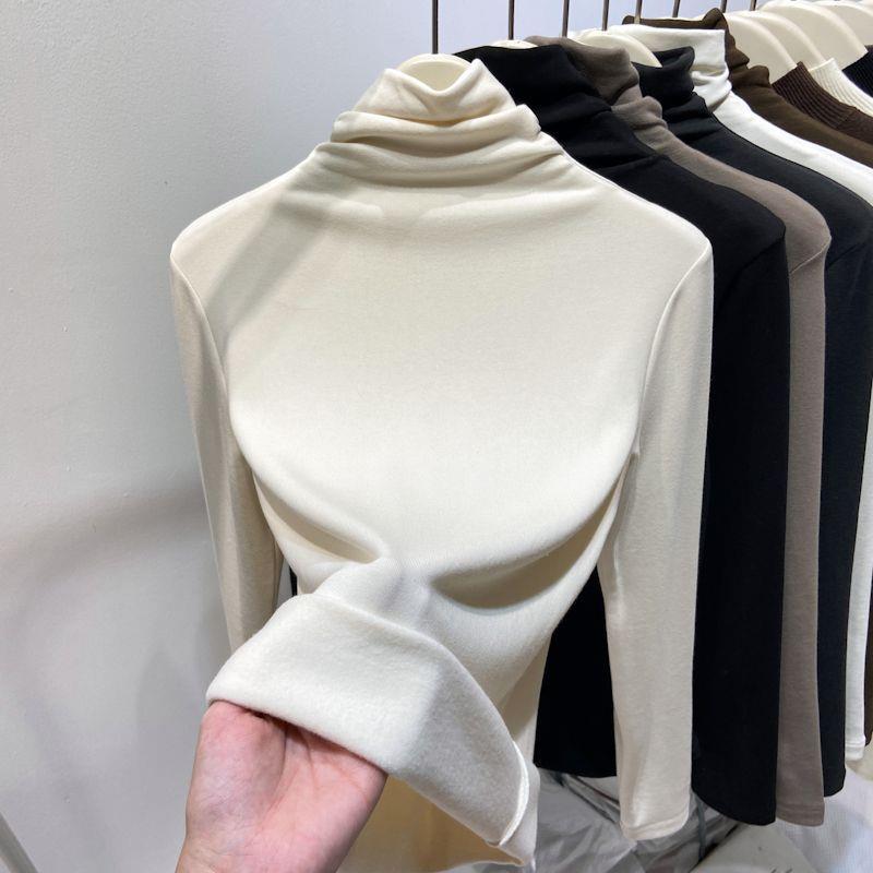 高领加绒打底衫女内搭冬季2025新款磨毛加厚时尚杏色堆堆领上衣