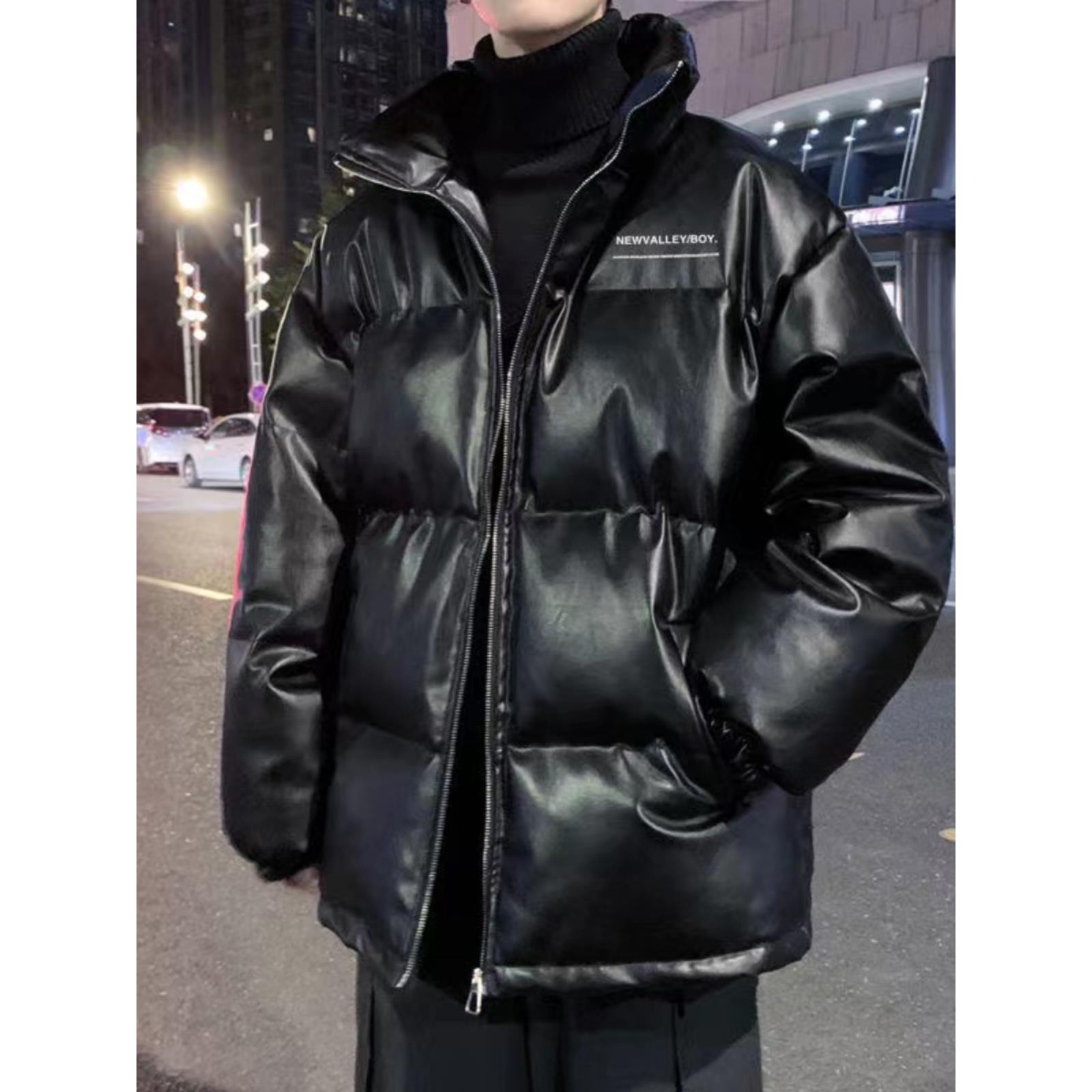 冬季PU皮面包服男士韩版宽松立领加厚保暖港风青少年ins潮羽绒服