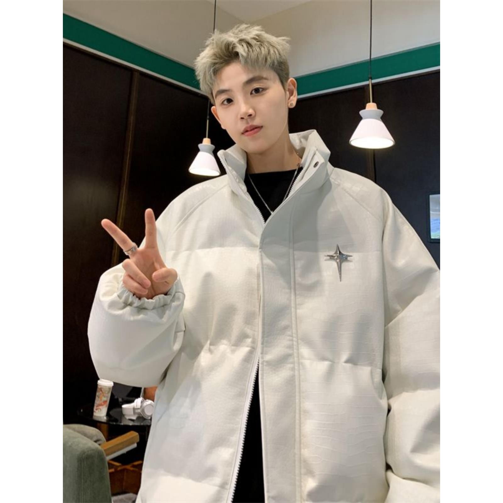 美式潮牌pu皮羽绒服男款冬季立领棉服外套宽松加厚保暖面包服棉衣