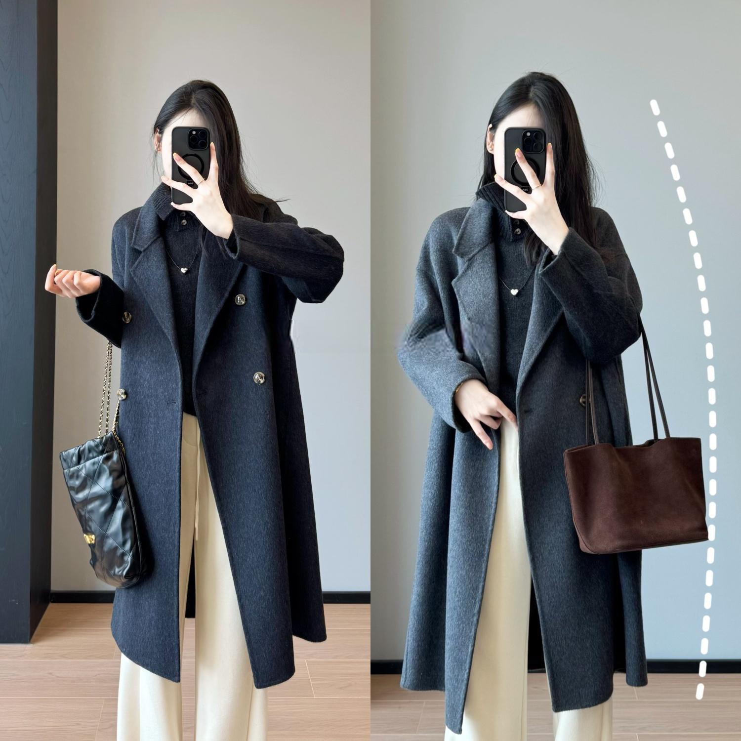 北欧灰！柜货手工系西装领双排扣长款双面呢羊毛大衣女冬G110103