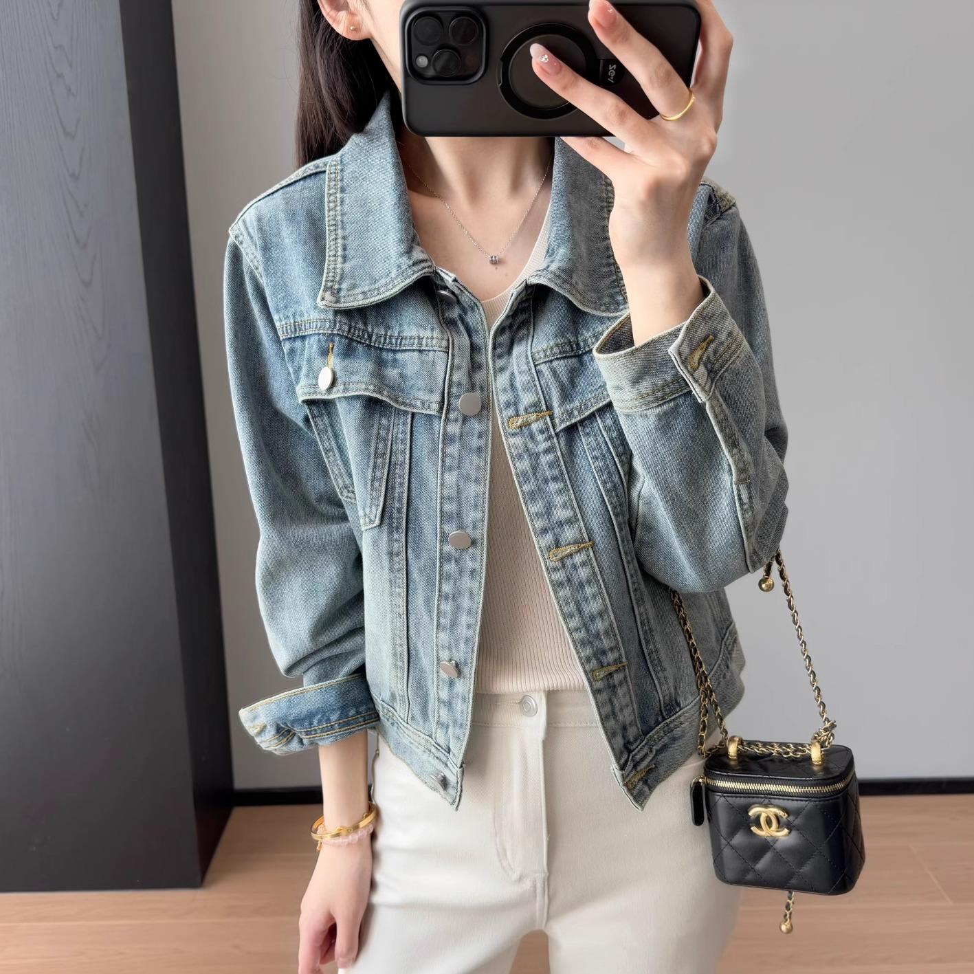 超洋气~时髦设计显腿长清新软牛仔短款小翻领外套2025年春G031307