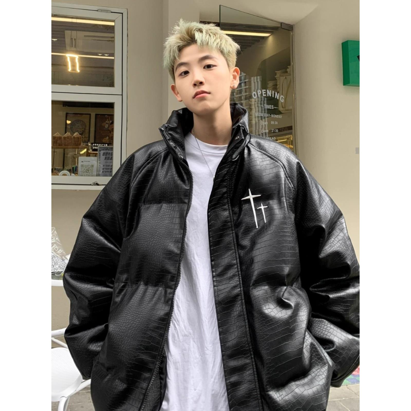 国潮PU皮羽绒服男士冬季加厚痞帅美式潮牌高街青少年免洗棉服外套