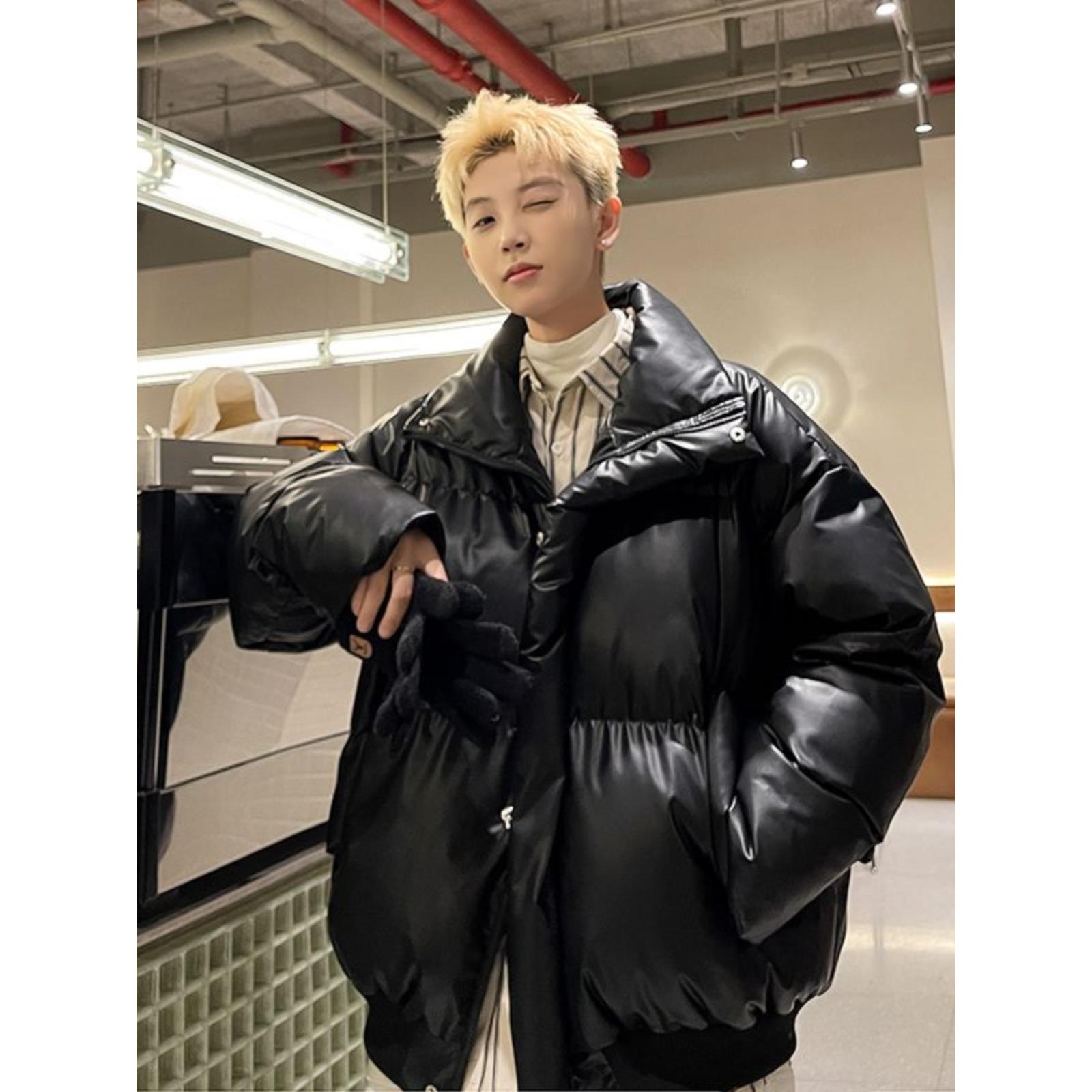 韩版PU皮短款立领羽绒服男士冬季小痞帅加厚宽松ootd穿搭面包棉服