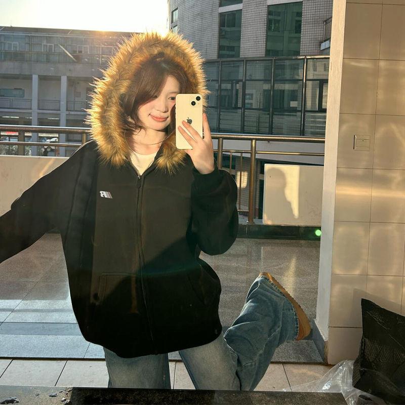 美式复古毛领拉链卫衣女秋冬加绒加厚外套韩系韩版印花INS上衣潮