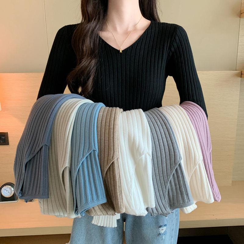 毛衣女秋冬2025新款v领修身长袖针织打底衫低领上衣洋气时尚内搭