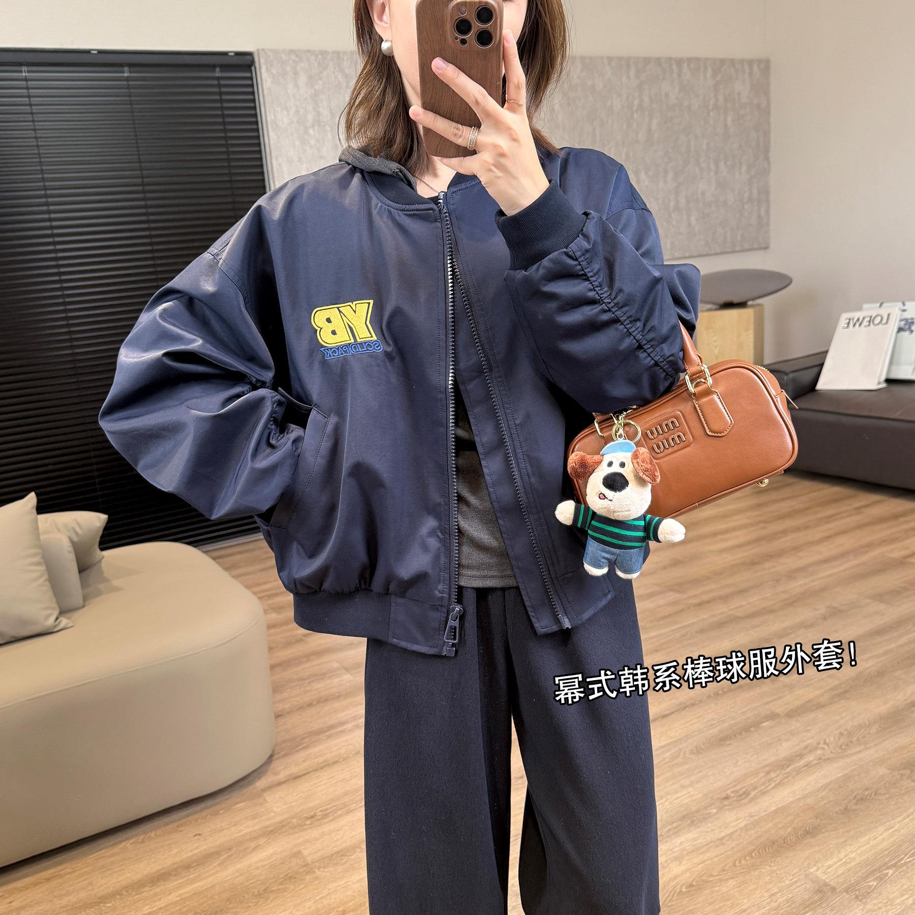 miu系廓形棒球服！字母圆领宽松美式藏青休闲外套飞行夹克G091816