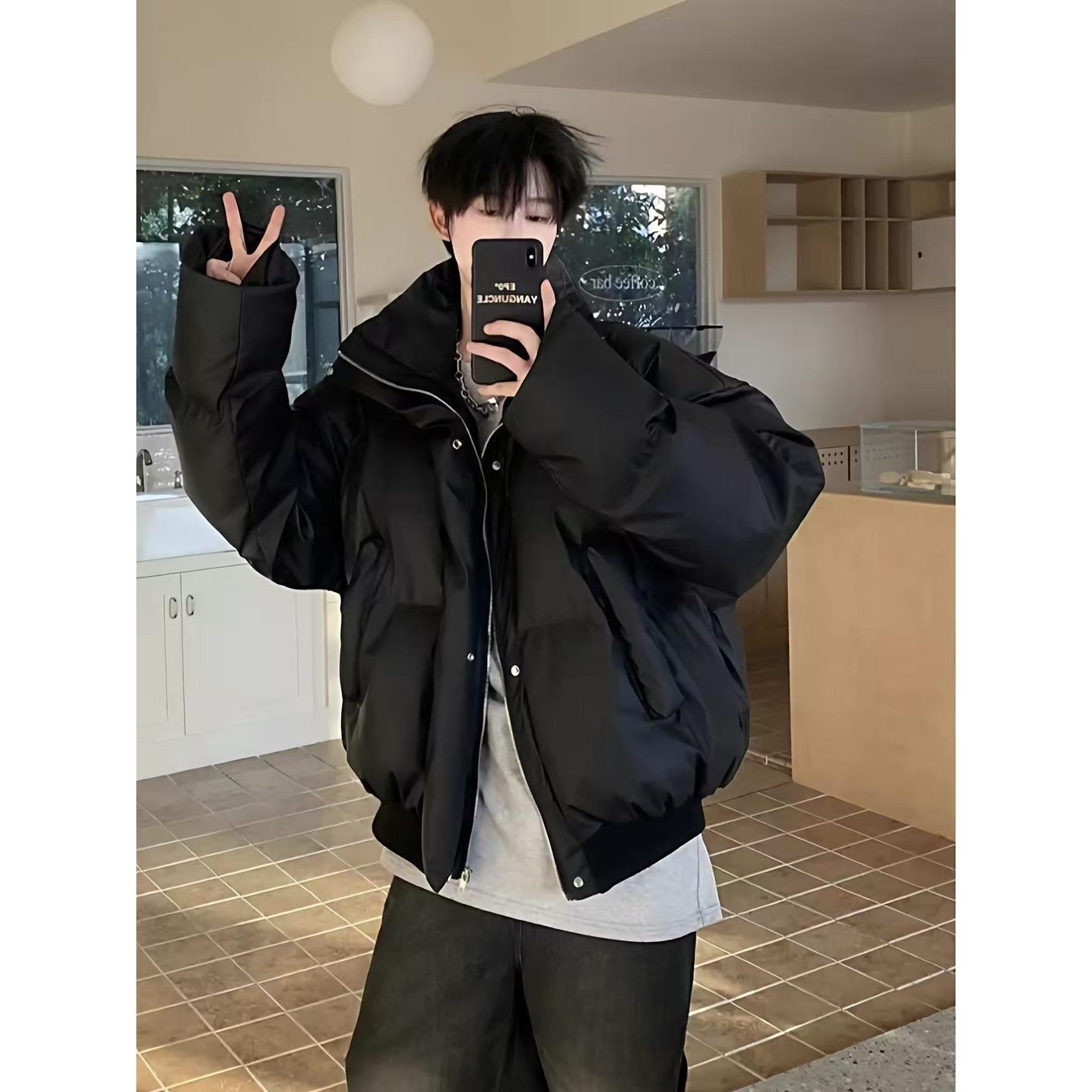 PU皮羽绒服男士冬季美式潮牌加厚保暖短款立领宽松面包服棉服外套