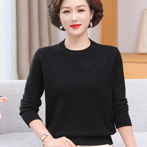 中老年女秋装纯色羊毛百搭弹力衫