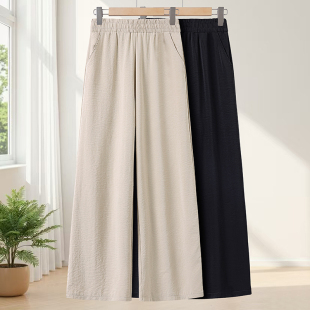 棉麻阔腿裤 长款 薄中老年女装 夏款 大码 休闲松紧高腰直筒裤 妈妈春装