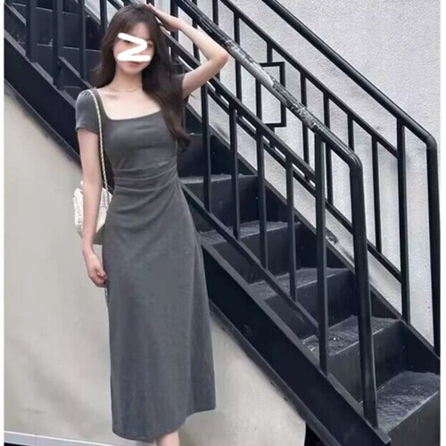 法式方领灰色连衣裙气质小个子茶歇收腰显瘦修身连衣裙子长裙夏季