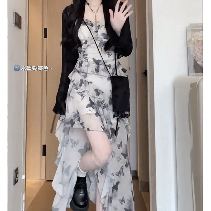 法式蝴蝶碎花吊带蛋糕裙两件套女