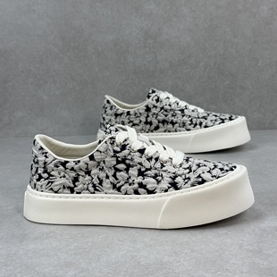 轻便薄款 夏季 透气休闲鞋 黑白印花厚底男士 美式 布鞋 复古圆头帆布鞋