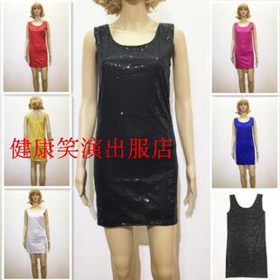 夏季新品初中大学高中女生女式毕业表演服珠片亮片连衣裙圆领裙子