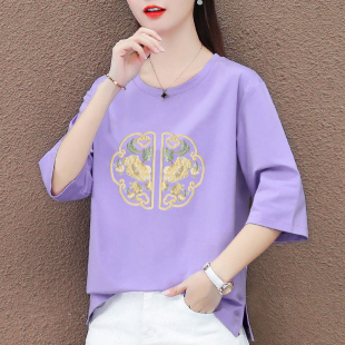 洋气百搭中袖 2026夏季 紫色印花T恤女宽松显瘦时尚 五分袖 上衣 新款