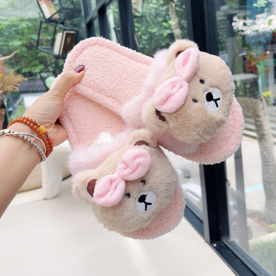 韩国line可爱布朗熊毛毛拖鞋女秋冬季时尚居家防滑保暖网红鸭拖鞋