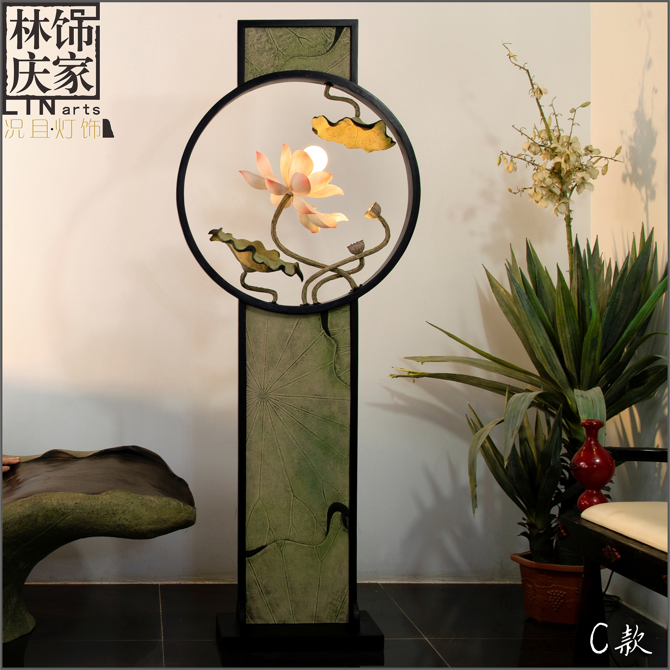 现代中式荷花落地灯古典客厅入户茶室玄关实木地灯创意隔断电池灯