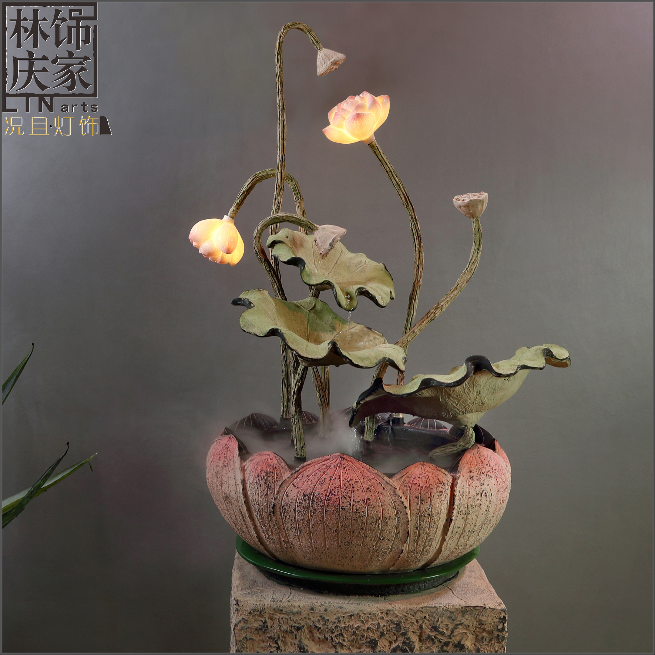 创意新中式客厅荷花循环流水喷泉装饰摆件水景风水轮加湿器莲花灯