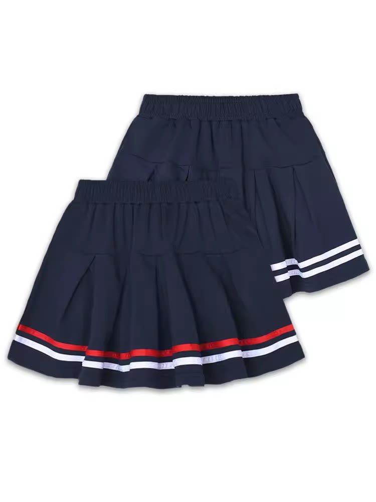 女童红白杠条百褶短裙女生半身裙深蓝色儿童中大童小学生校服裙子