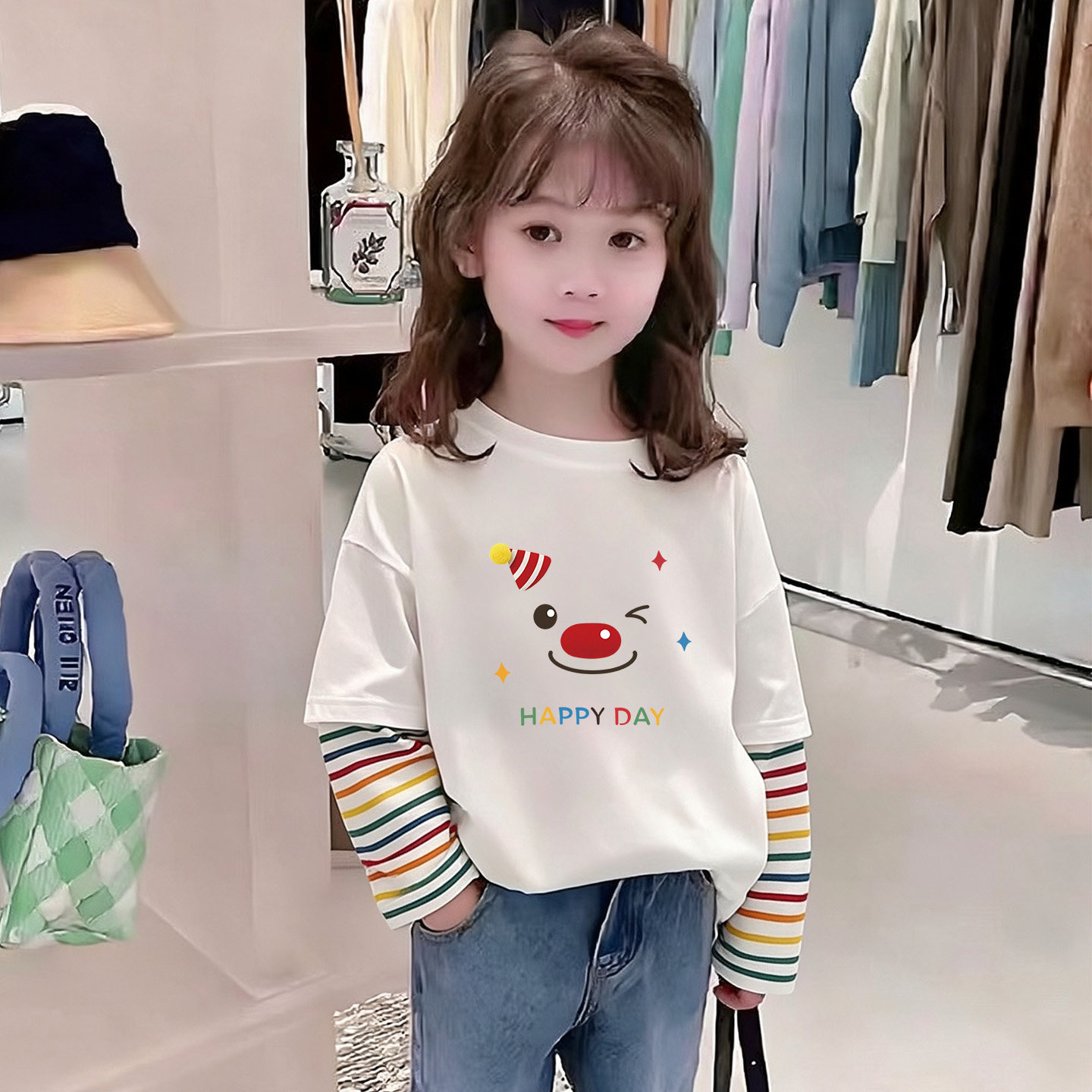 春秋新款男童女童白色卡通印花长袖T恤打底衫纯棉透气休闲上衣潮